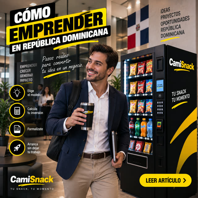Emprendedor dominicano junto a una máquina expendedora CamiSnack