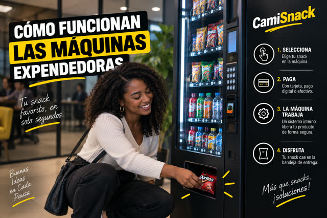 Los cuatro pasos de una compra en la máquina: seleccionar, pagar, la máquina trabaja y disfrutar