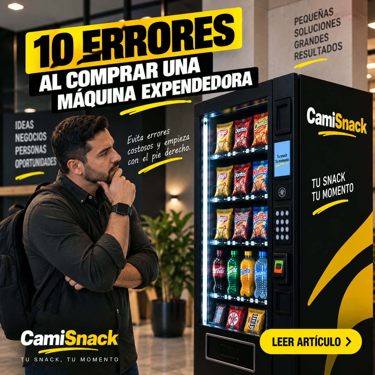 Comprador pensando frente a una máquina expendedora antes de decidir