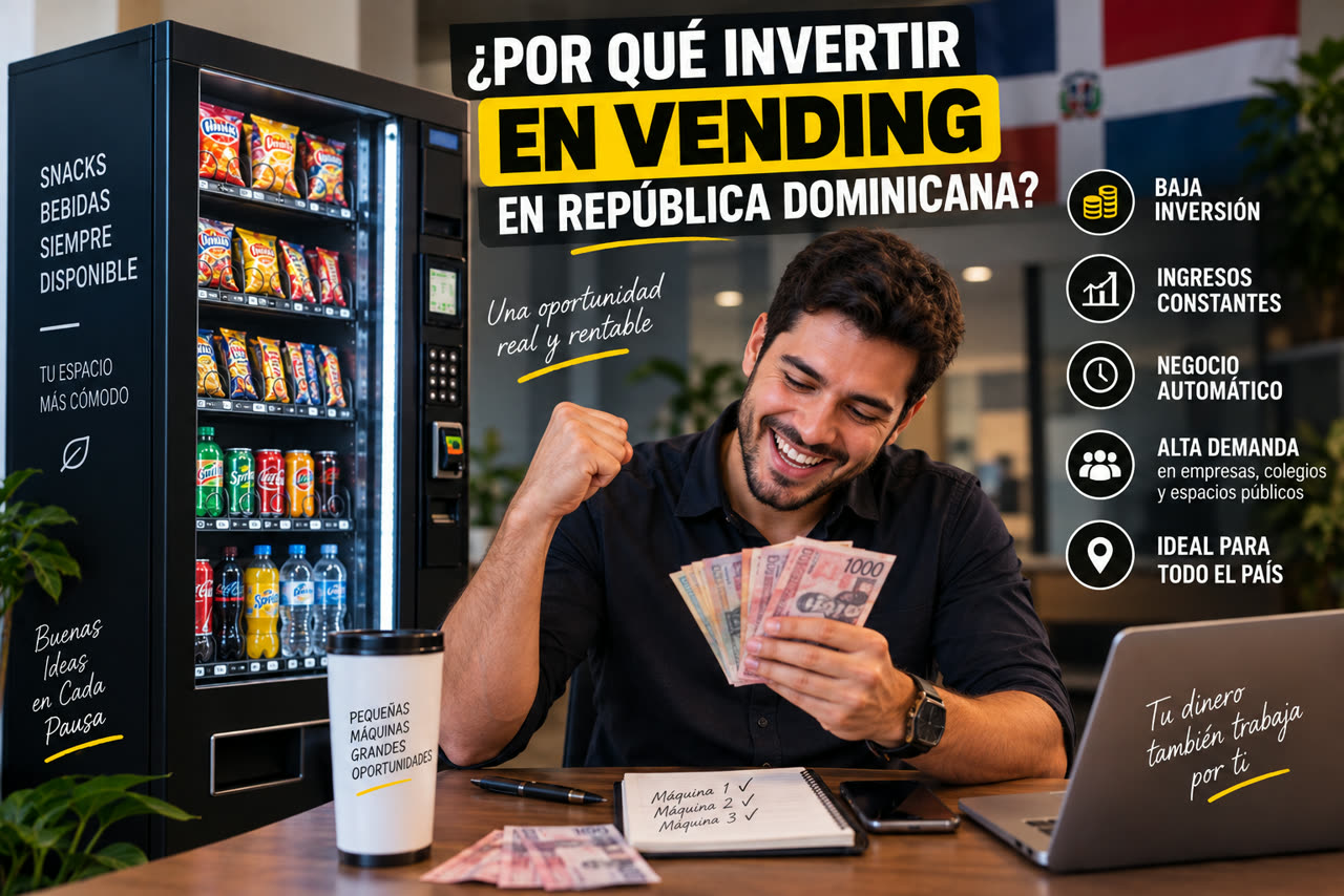 Emprendedor contando billetes junto a una máquina expendedora CamiSnack en un edificio de oficinas