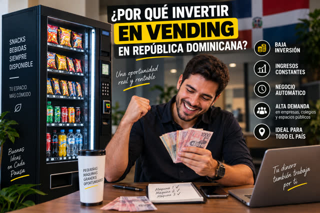 Emprendedor contando billetes junto a una máquina expendedora CamiSnack en un edificio de oficinas