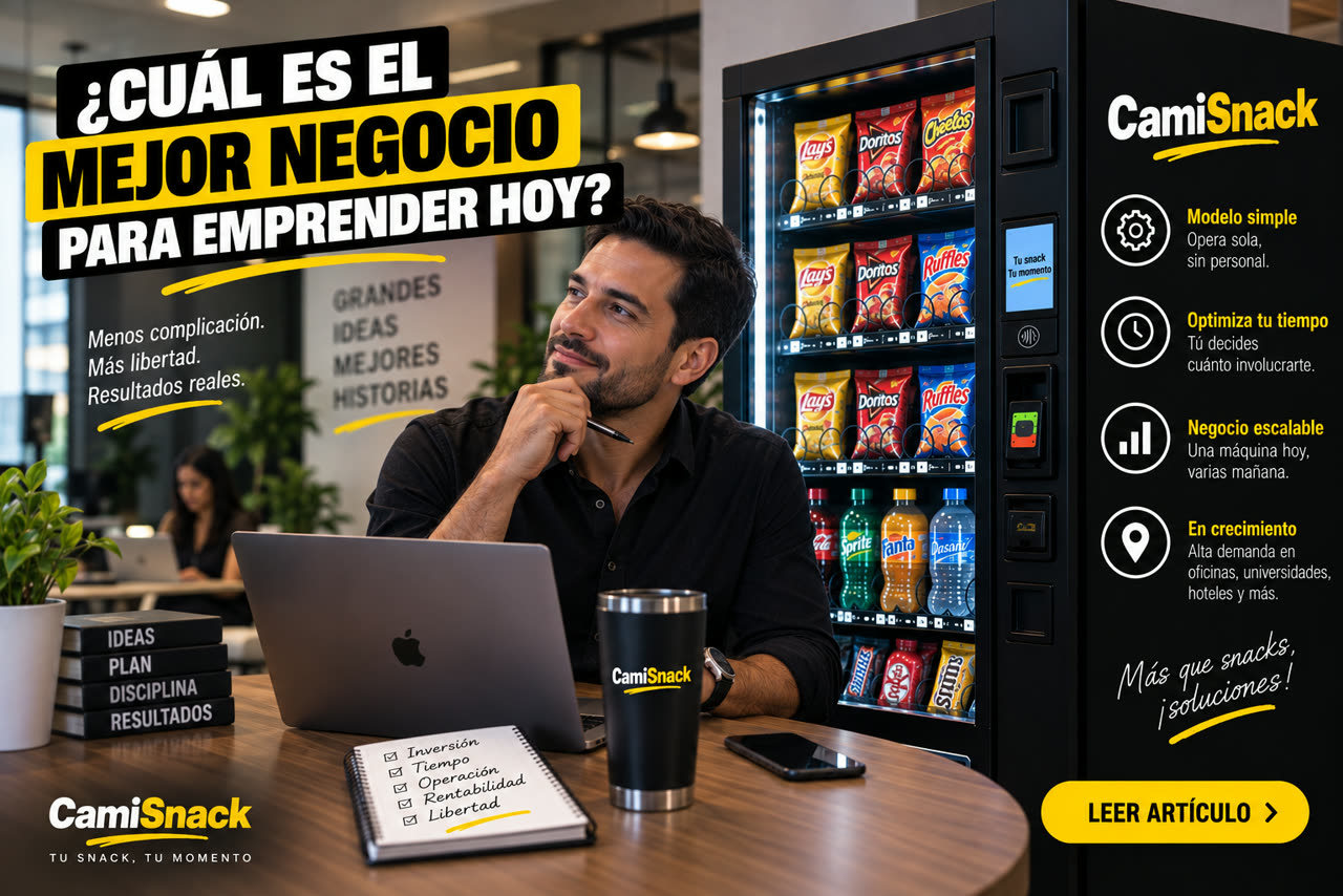 Persona evaluando el negocio de las máquinas expendedoras frente a una CamiSnack