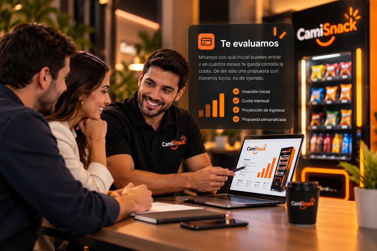 Un ejecutivo de CamiSnack repasando los números con una pareja