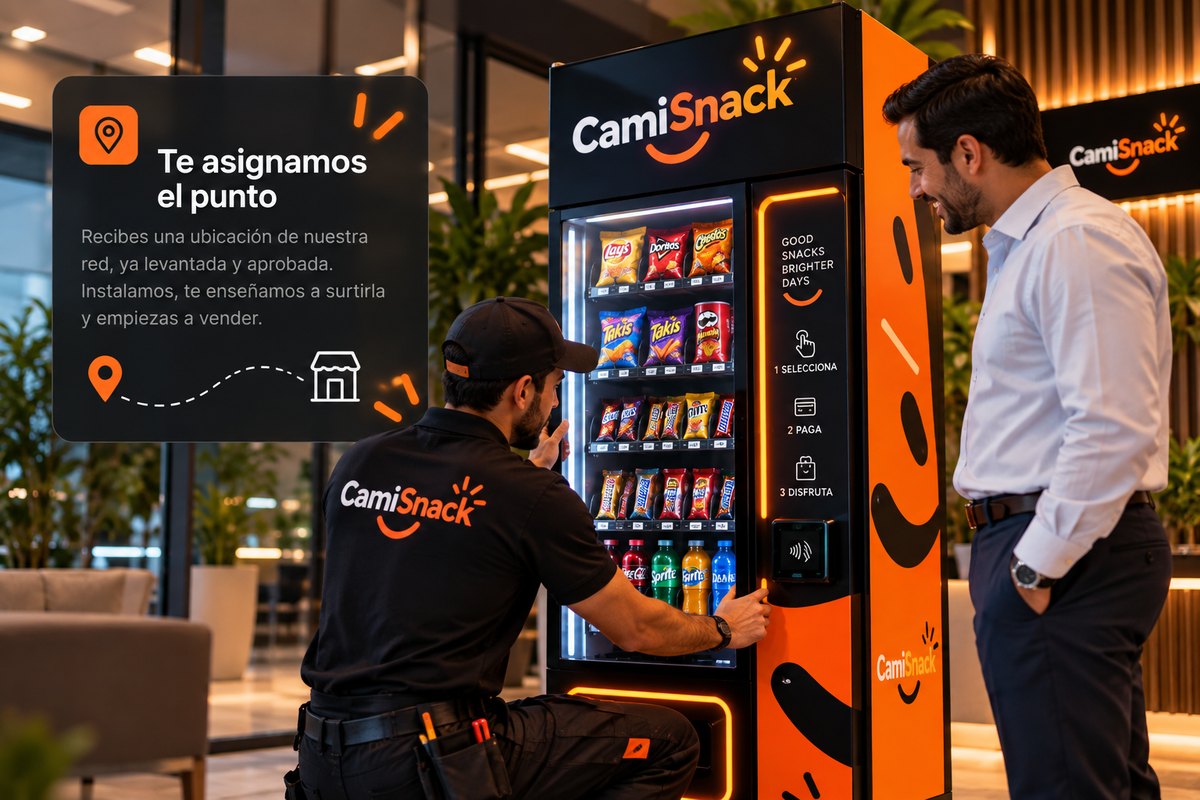 Un técnico de CamiSnack instalando la máquina en su punto